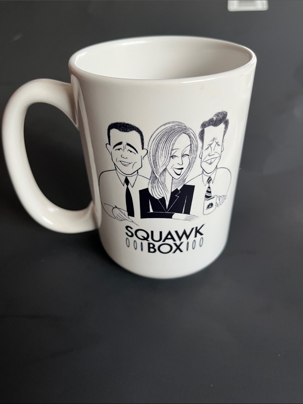 Vintage mug Squak Box CNBC financial TV Carl Becky Joe caricature black white